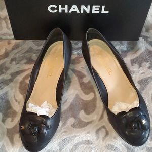 Chanel Shoes 39.5 Black Leather Camelia Flower CC